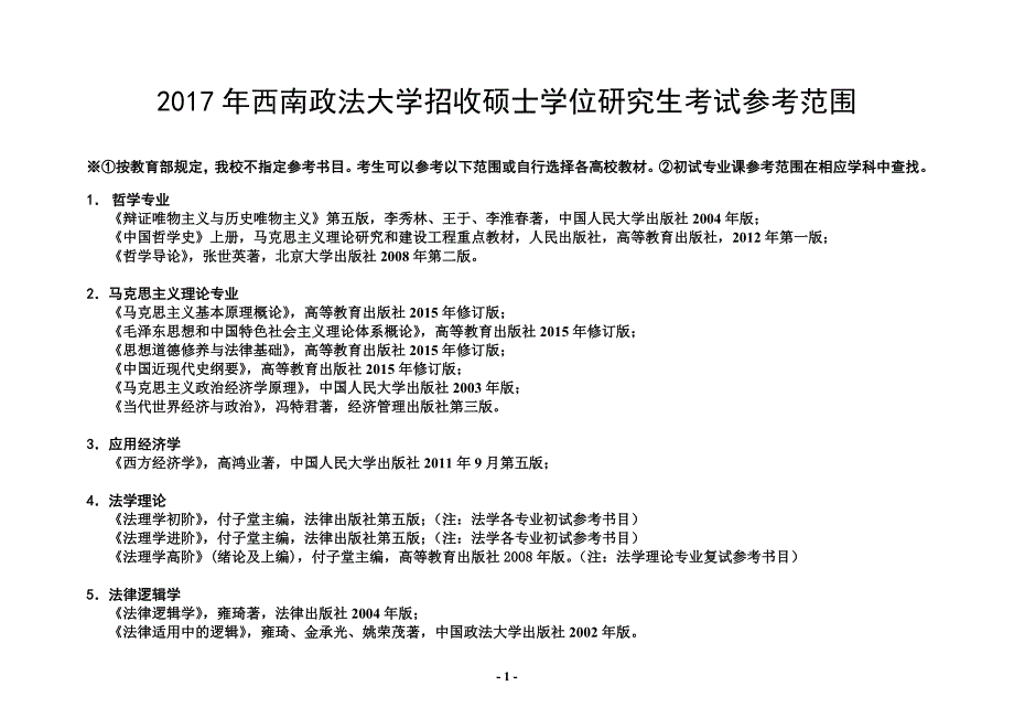 2017年西政招收硕士学位研究生考试参考范围_第1页