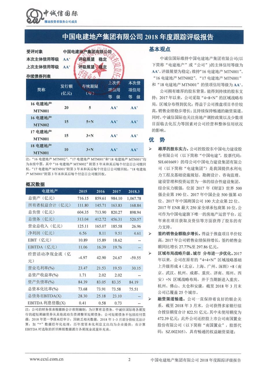 中国电建地产集团有限公司主体与相关债项2018年度跟踪评级报告(更新)_第2页