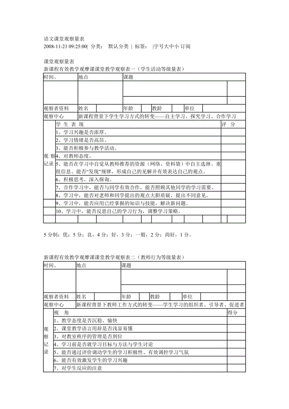 语文课堂观察量表_第1页