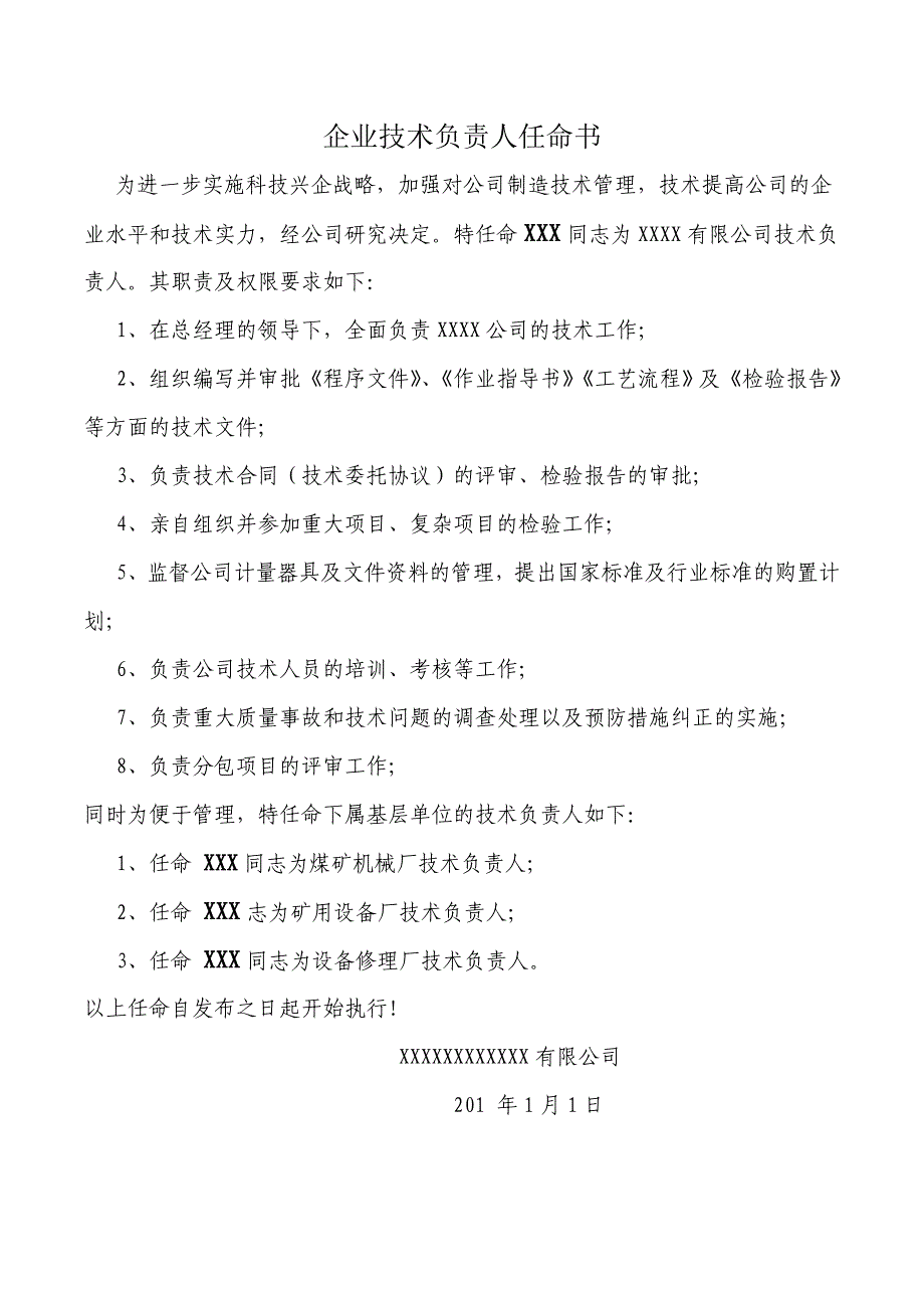 公司企业技术负责人任命书_第1页