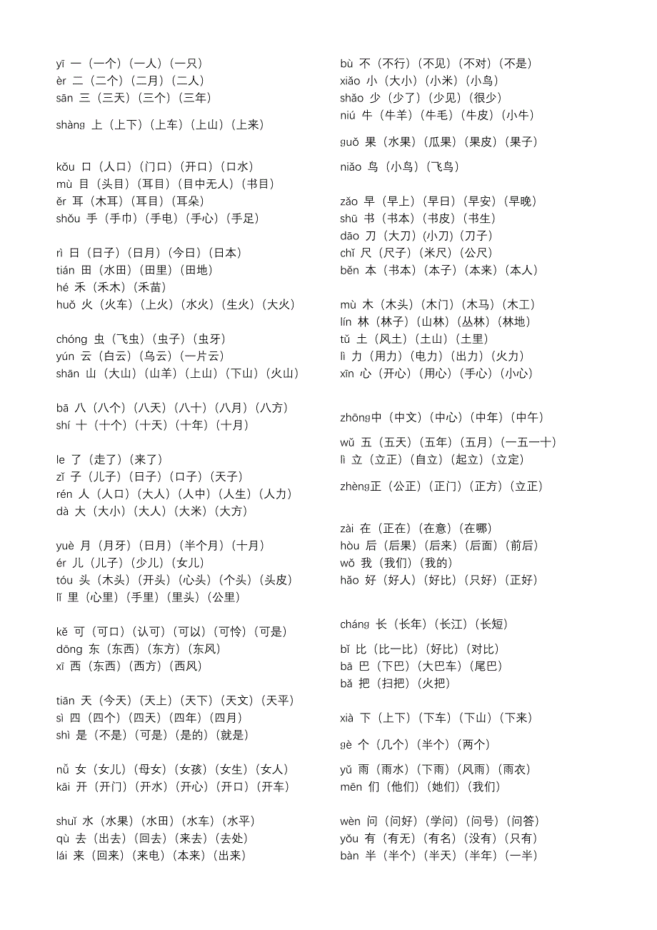 人教版新版一年级上册语文写字表生字组词_第1页