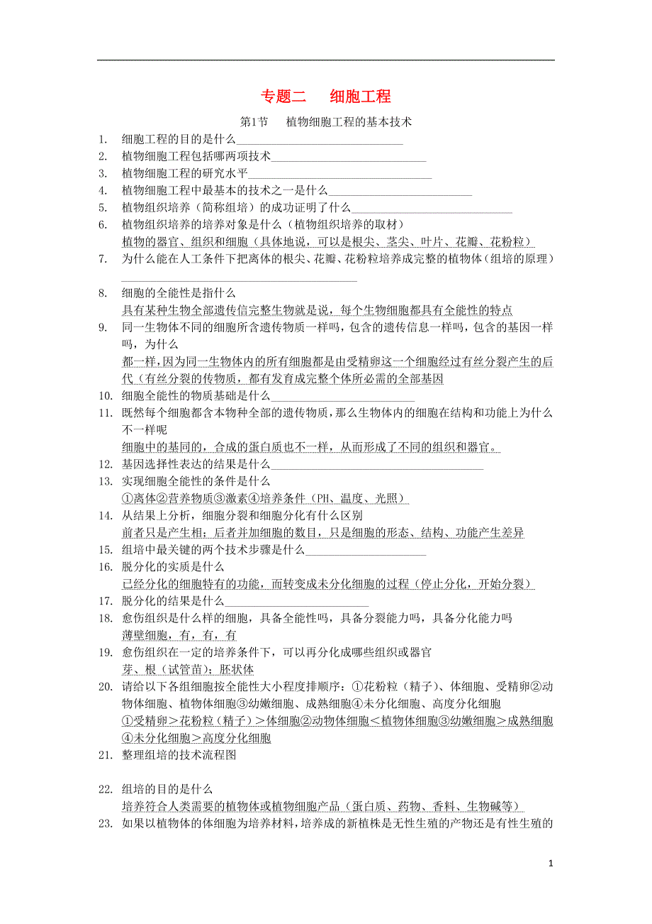 内蒙古赤峰二中2016年高三生物5月回扣课本知识点专题二细胞工程(选修3)(新)_第1页