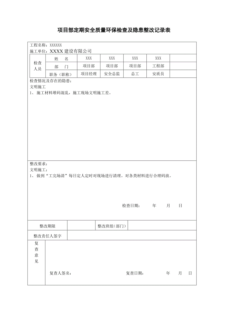 XX单位项目部安全检查及隐患整改记录表_第2页