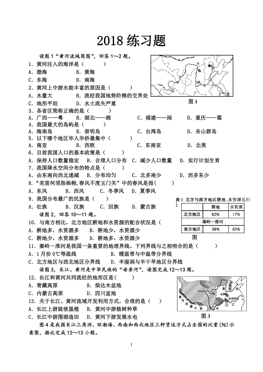 人教版八年级上册地理练习题(会考常见题)_第1页