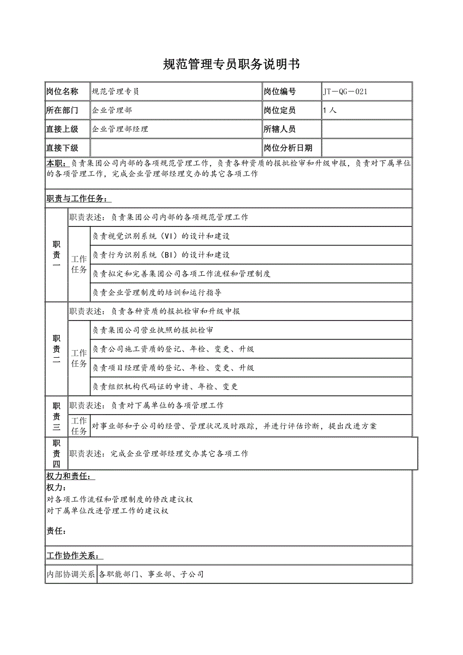 规范管理专员职务说明书（试行版）_第1页