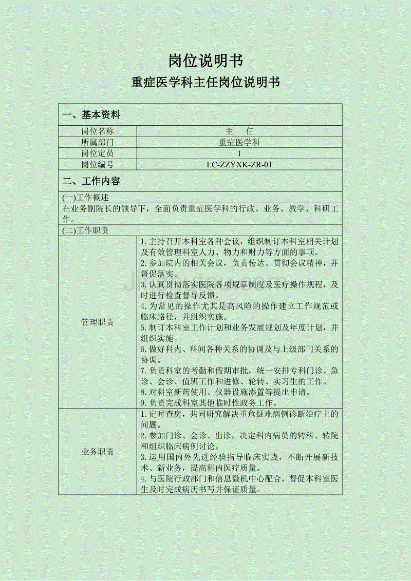 重症医学科岗位说明书