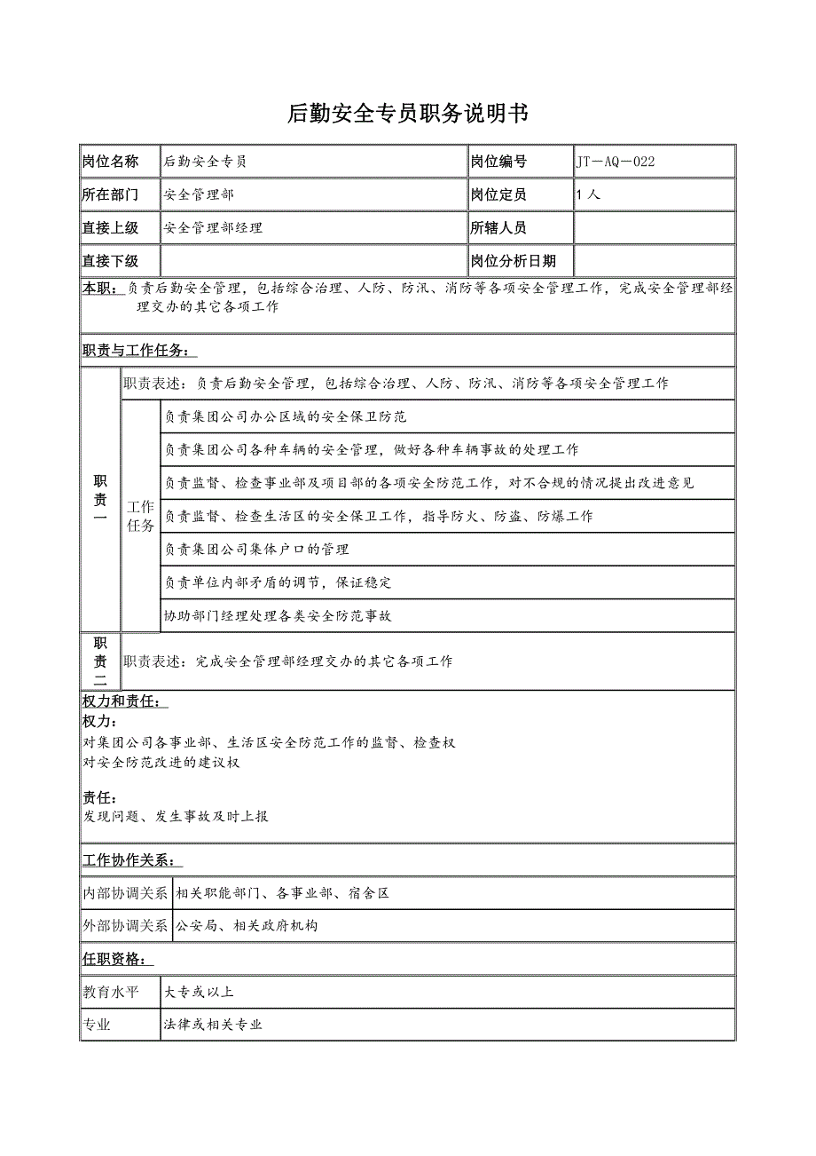 后勤安全专员职务说明书（试行版）_第1页