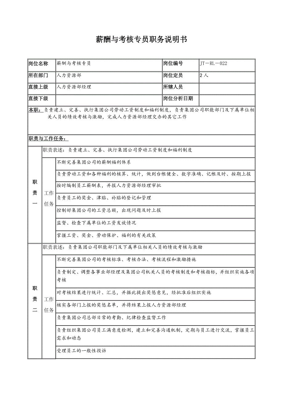 薪酬与考核专员职务说明书_第1页