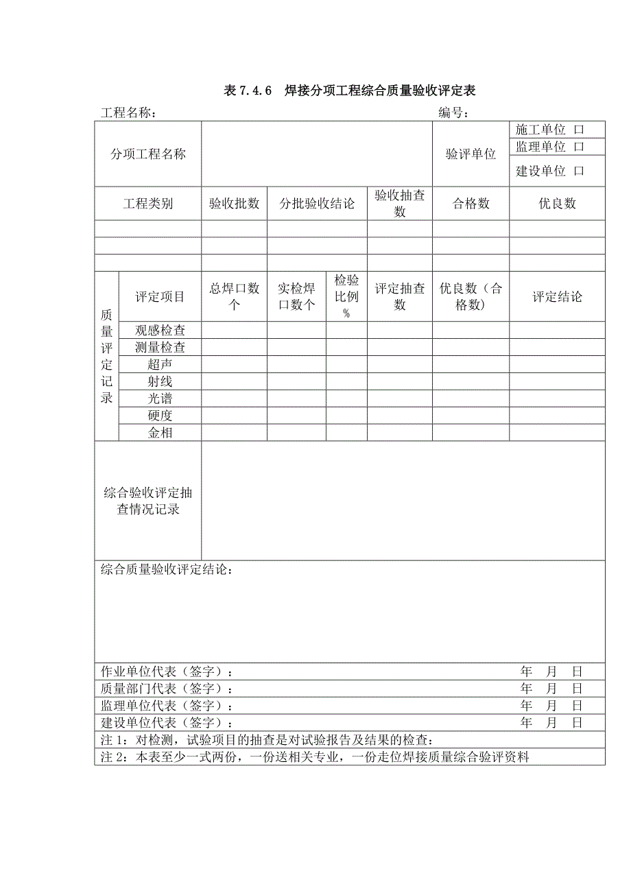 表7.4.6焊接分项工程综合质量验收评定表_第1页