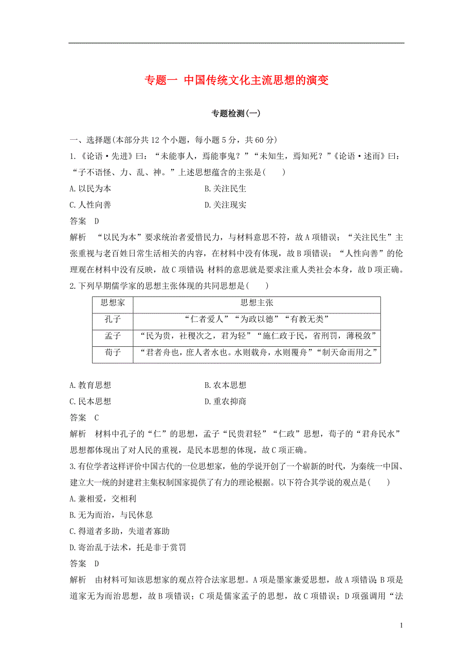 2018_2019学年高中历史专题检测一专题一中国传统文化主流思想的演变人民版必修_第1页