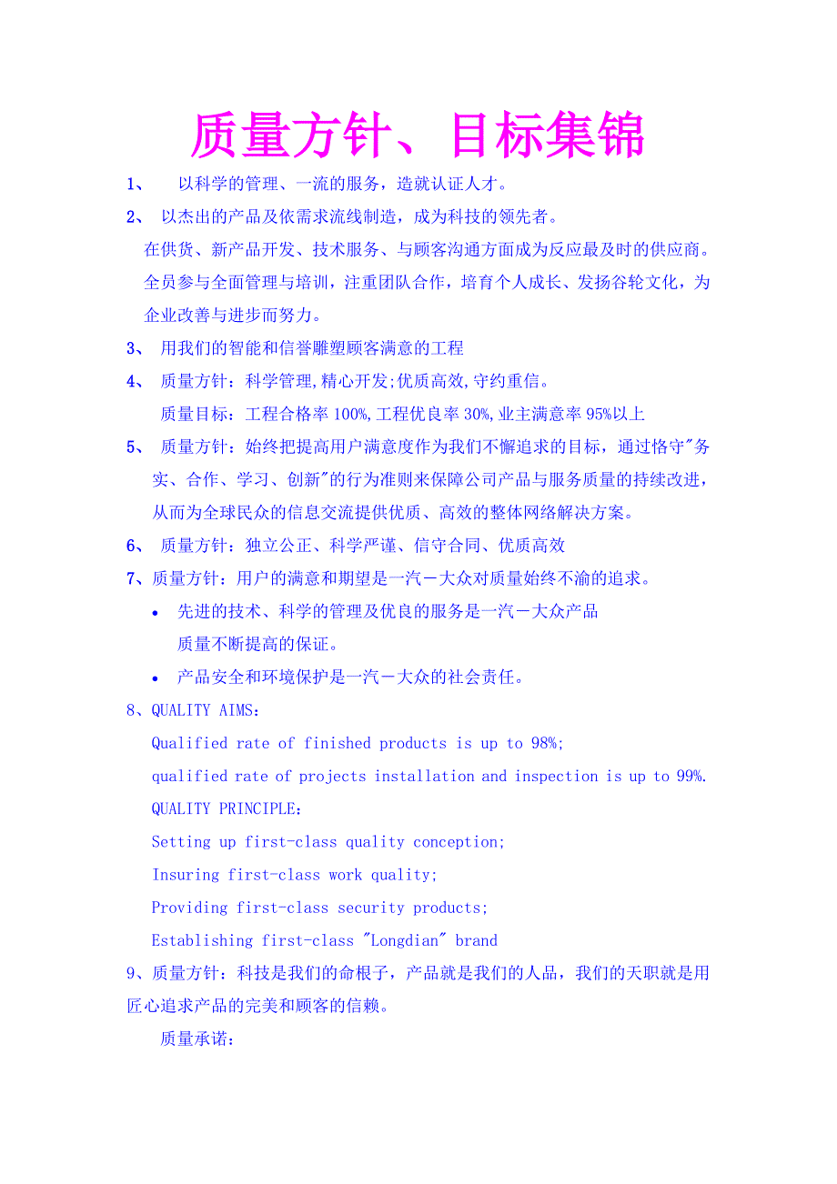 质量方针、目标集锦_第1页