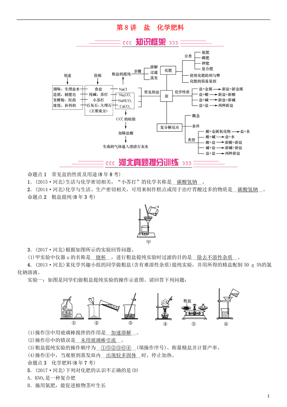 （河北专版）2019年中考化学复习 主题一 身边的化学物质 第8讲 盐 化学肥料练习_第1页