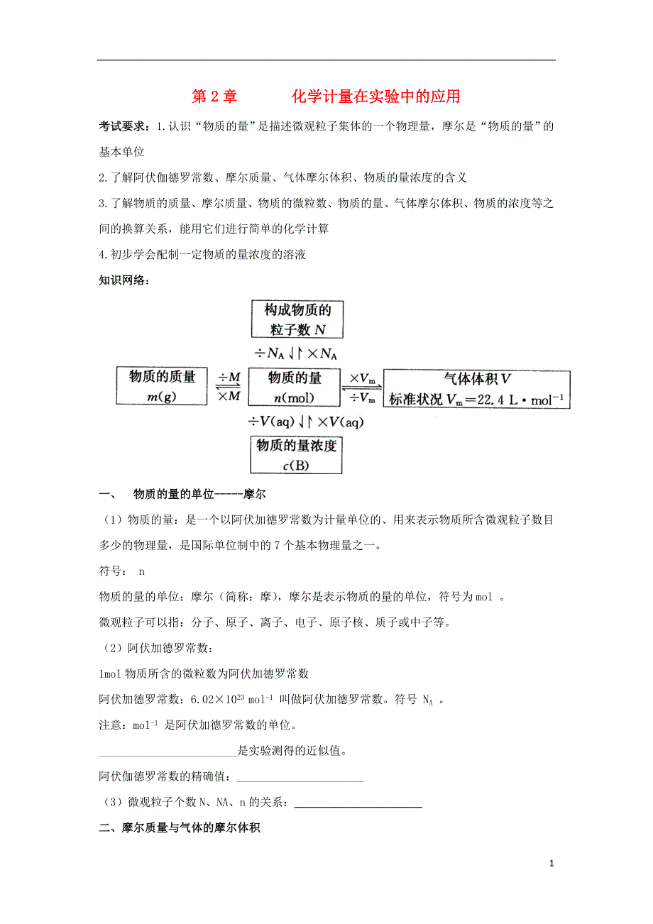 辽宁省抚顺市高中化学学业水平会考知识点整理校本材料专题2化学计量在实验中的应用学案新人教版_第1页