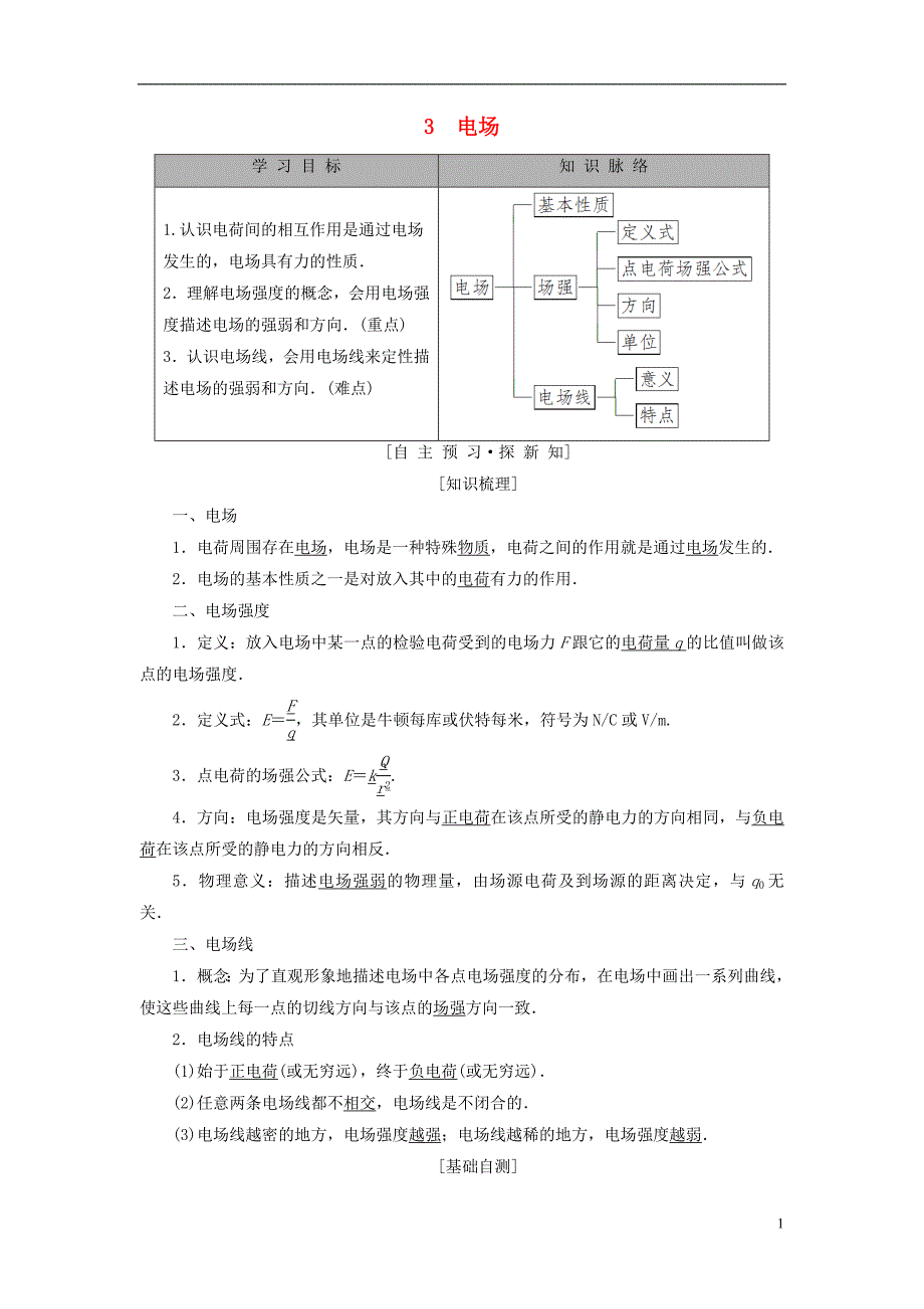 2018-2019学年高中物理 第一章 电荷与电场 3 电场学案 教科版选修1-1_第1页