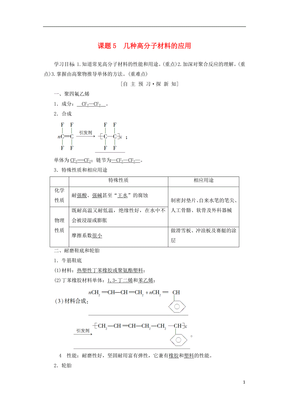 2018-2019学年高中化学 主题4 认识生活中的材料 课题5 几种高分子材料的应用学案 鲁科版选修1_第1页