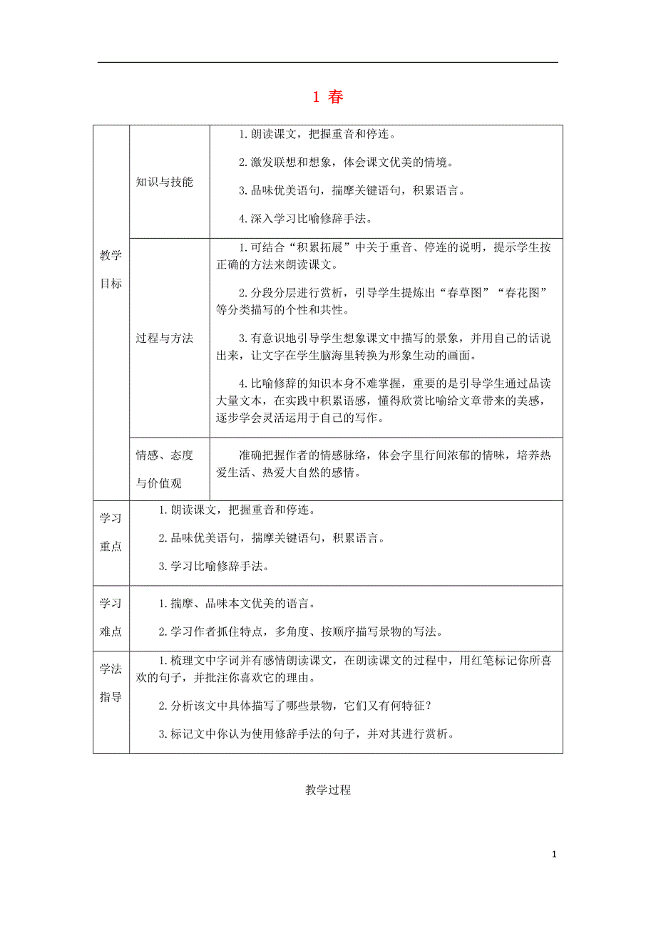 2018年七年级语文上册 第一单元 1 春教案 新人教版_第1页