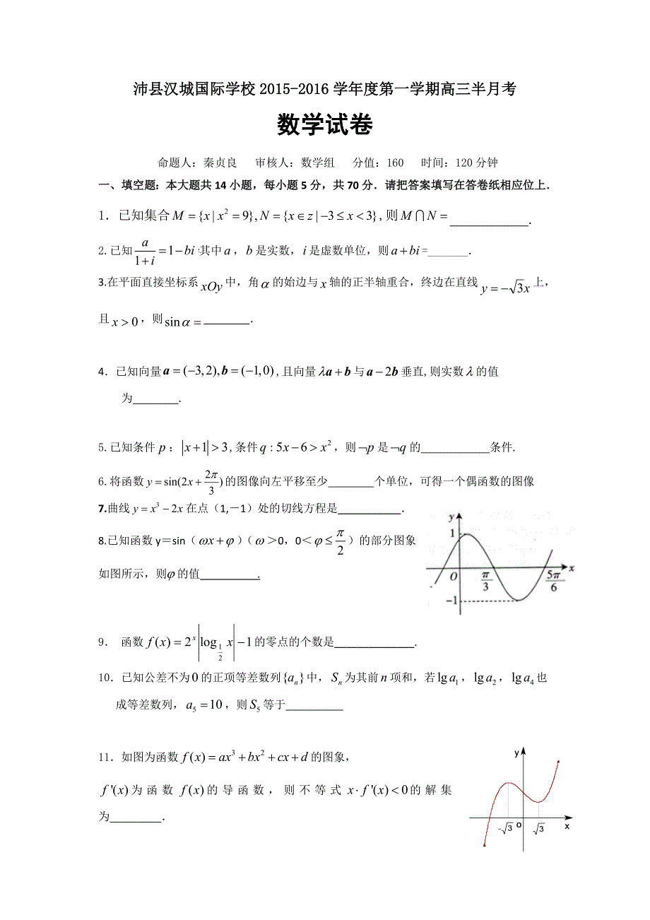 沛县汉城国际学校2016届9月份高三半月考数学试卷_第1页