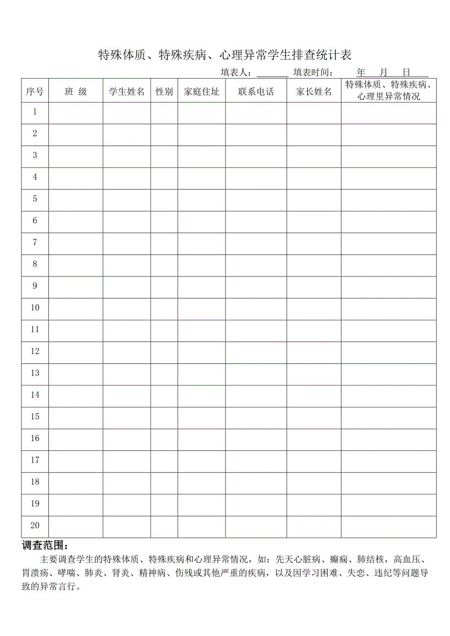 特殊体质、特殊疾病、心理异常学生排查统计表_第1页