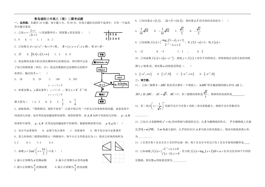 青岛城阳三中高三(理)二模考试题_第1页