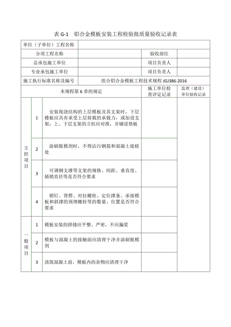 铝合金模板安装工程检验批质量验收记录_第1页