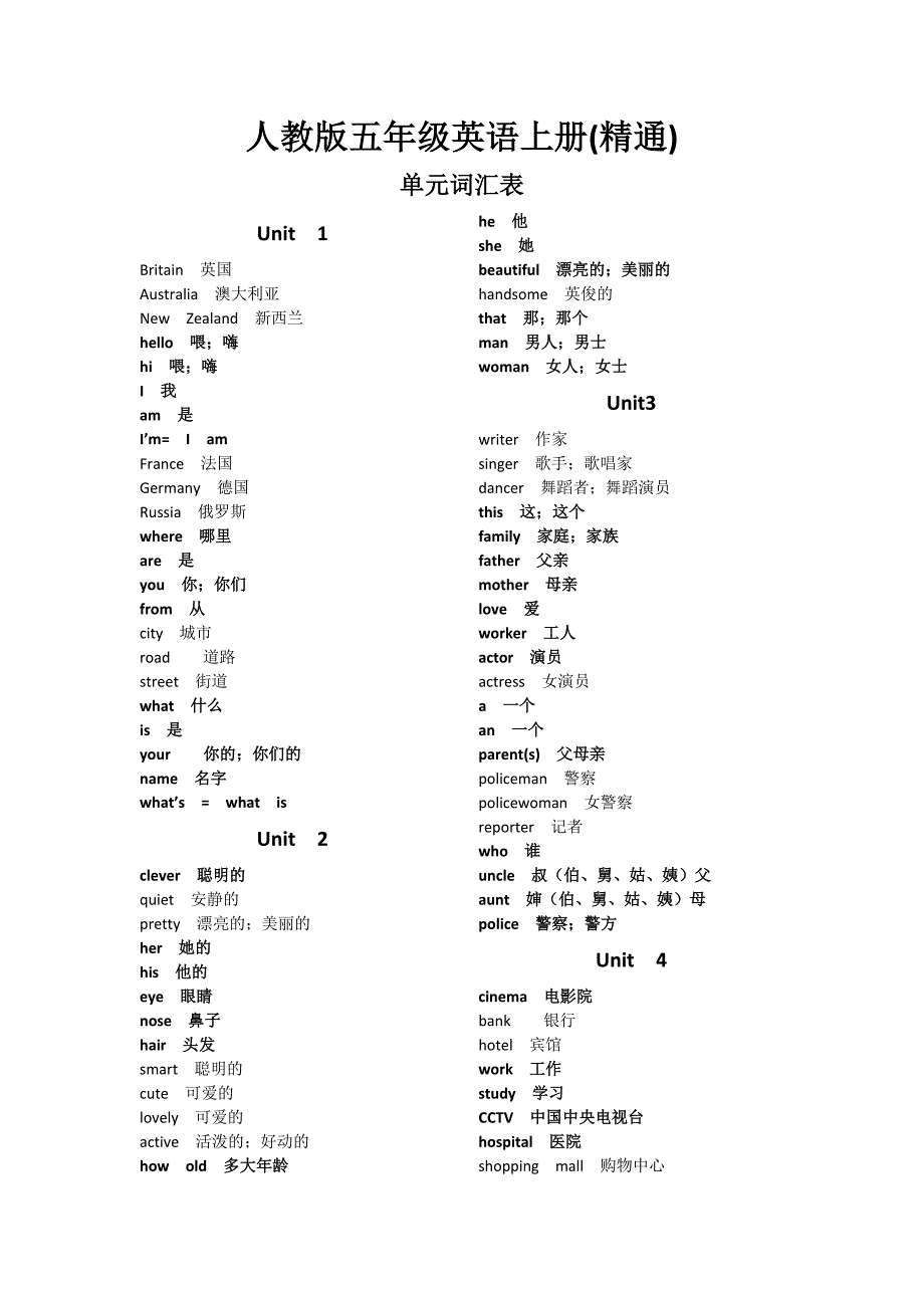 人教版五年级英语上册(精通)单词表_第1页