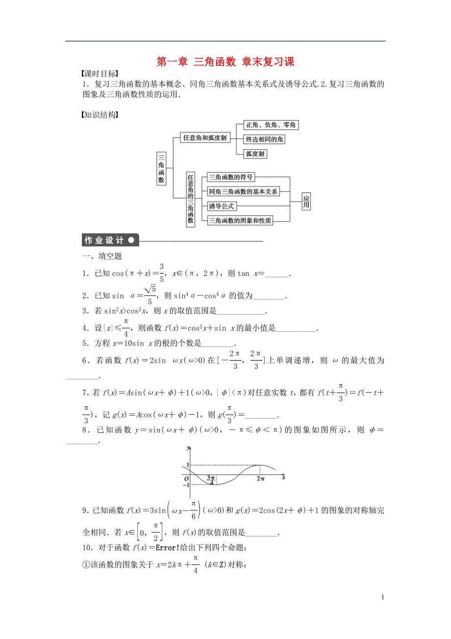 高中数学 第一章 三角函数章末复习课课时训练（含解析）苏教版必修4_第1页