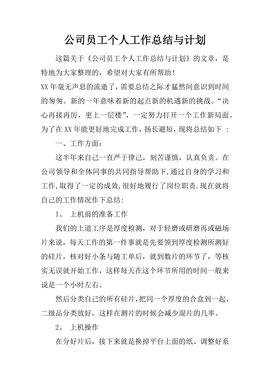 公司员工个人工作总结与计划_第1页