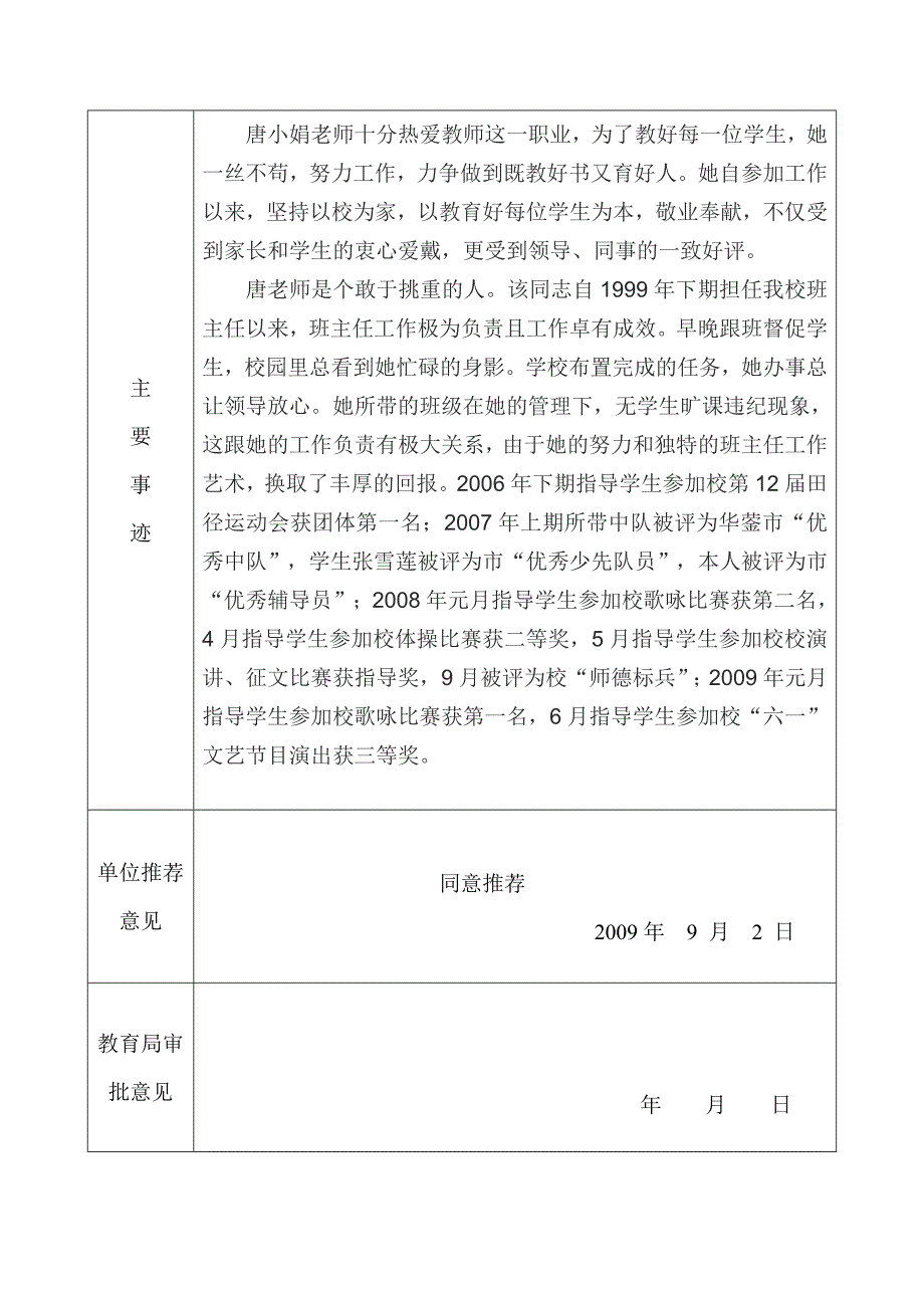 优秀教育工作者-优秀教师-优秀班主任推荐表_第2页