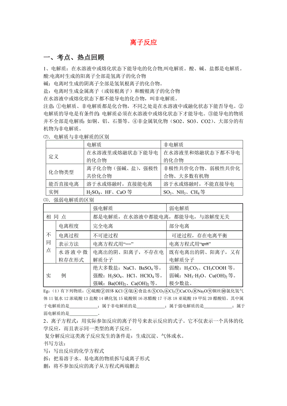 高一化学离子反应及离子方程式书写正误判断知识点及习题_第1页