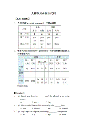 人称代词和物主代词-讲义+随堂练习（适合初中教学-附答案）