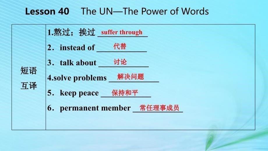 2018-2019学年九年级英语下册 unit 7 work for peace lesson 40 the un—power of words课件 （新版）冀教版_第5页