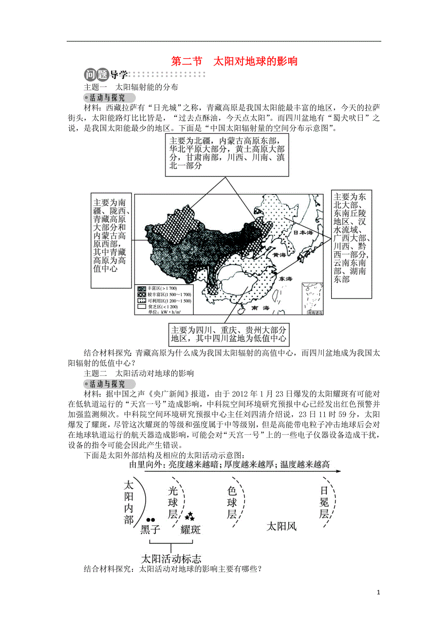 高中地理 第一章 行星地球 第二节 太阳对地球的影响导学案 新人教版必修1_第1页