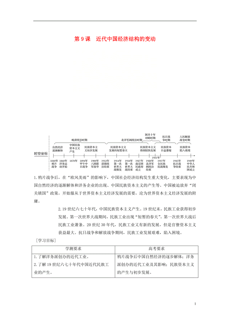 （江苏专用）2018-2019学年高中历史 第三单元 近代中国经济结构的变动与资本主义的曲折发展 第9课 近代中国经济结构的变动学案 新人教版必修2_第1页