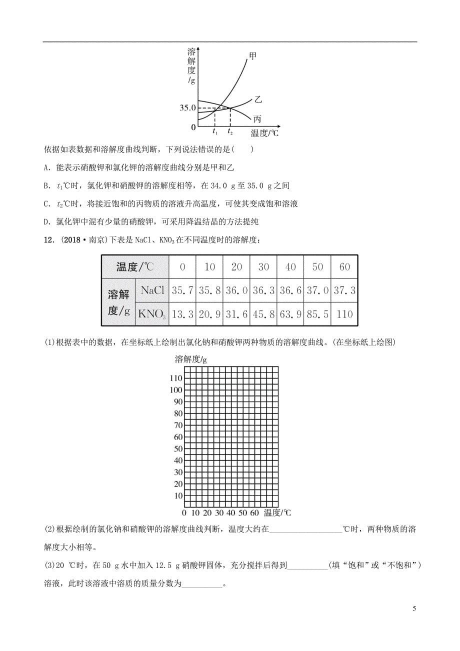 云南省2018年中考化学总复习 要题加练3 溶解度曲线_第5页