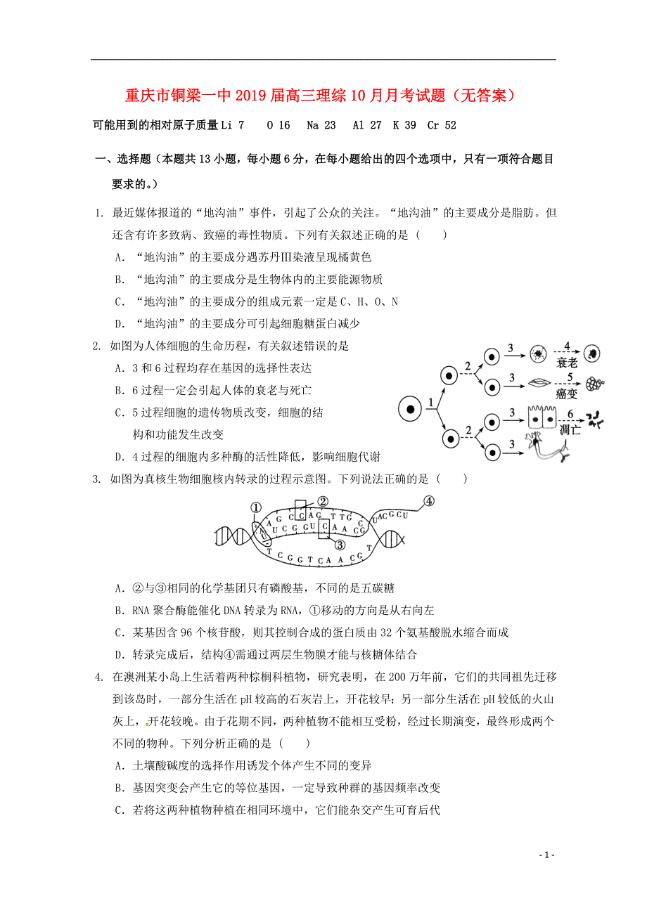 重庆市2019届高三理综10月月考试题（无答案）_第1页