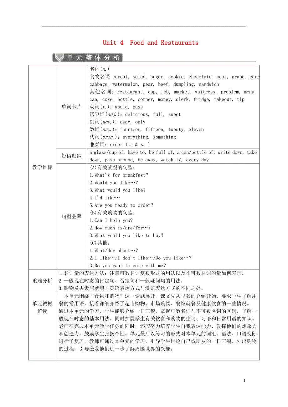 2018-2019学年七年级英语上册 unit 4 food and restaurants单元整体分析、话题相关链接 （新版）冀教版_第1页