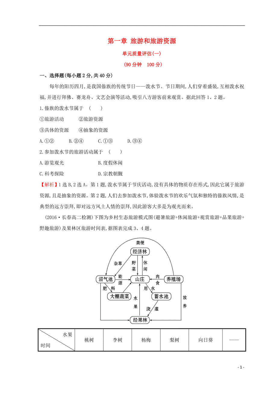 2018年高中地理 第一章 旅游和旅游资源单元质量评估 湘教版选修3_第1页