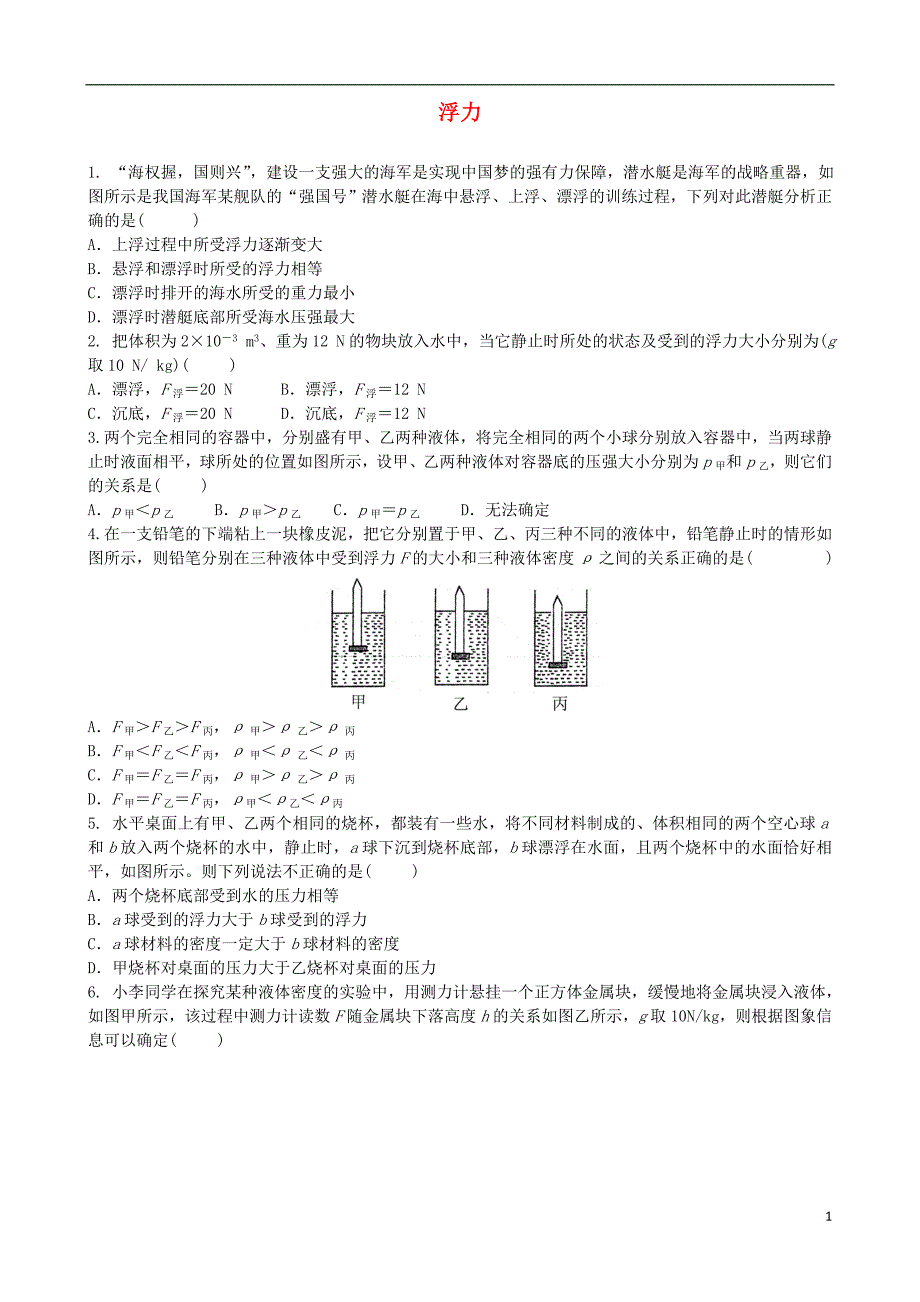 2018年中考物理 浮力专项复习训练题_第1页