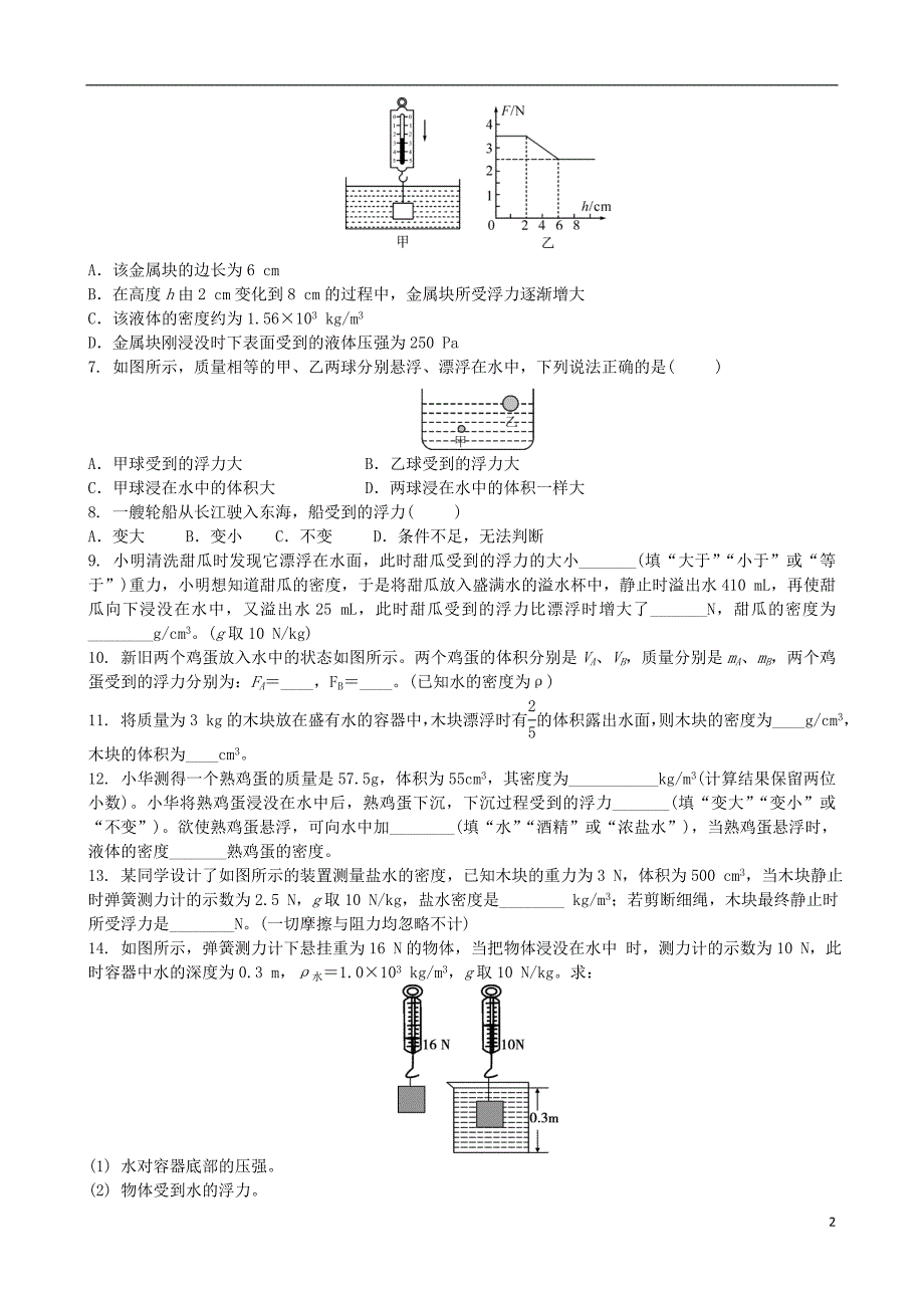 2018年中考物理 浮力专项复习训练题_第2页