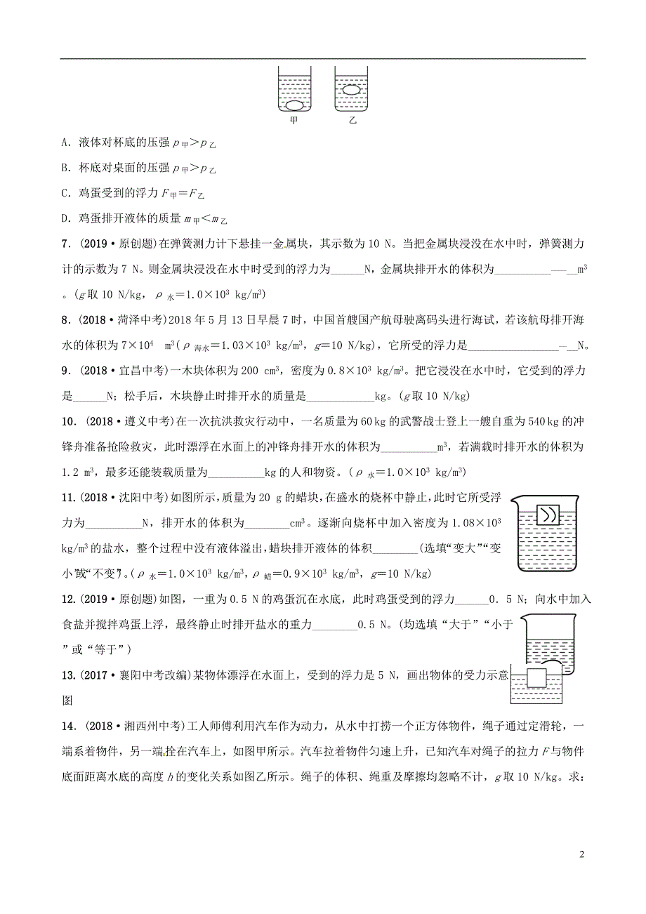 （东营专版）2019年中考物理总复习 第十章 浮力习题_第2页