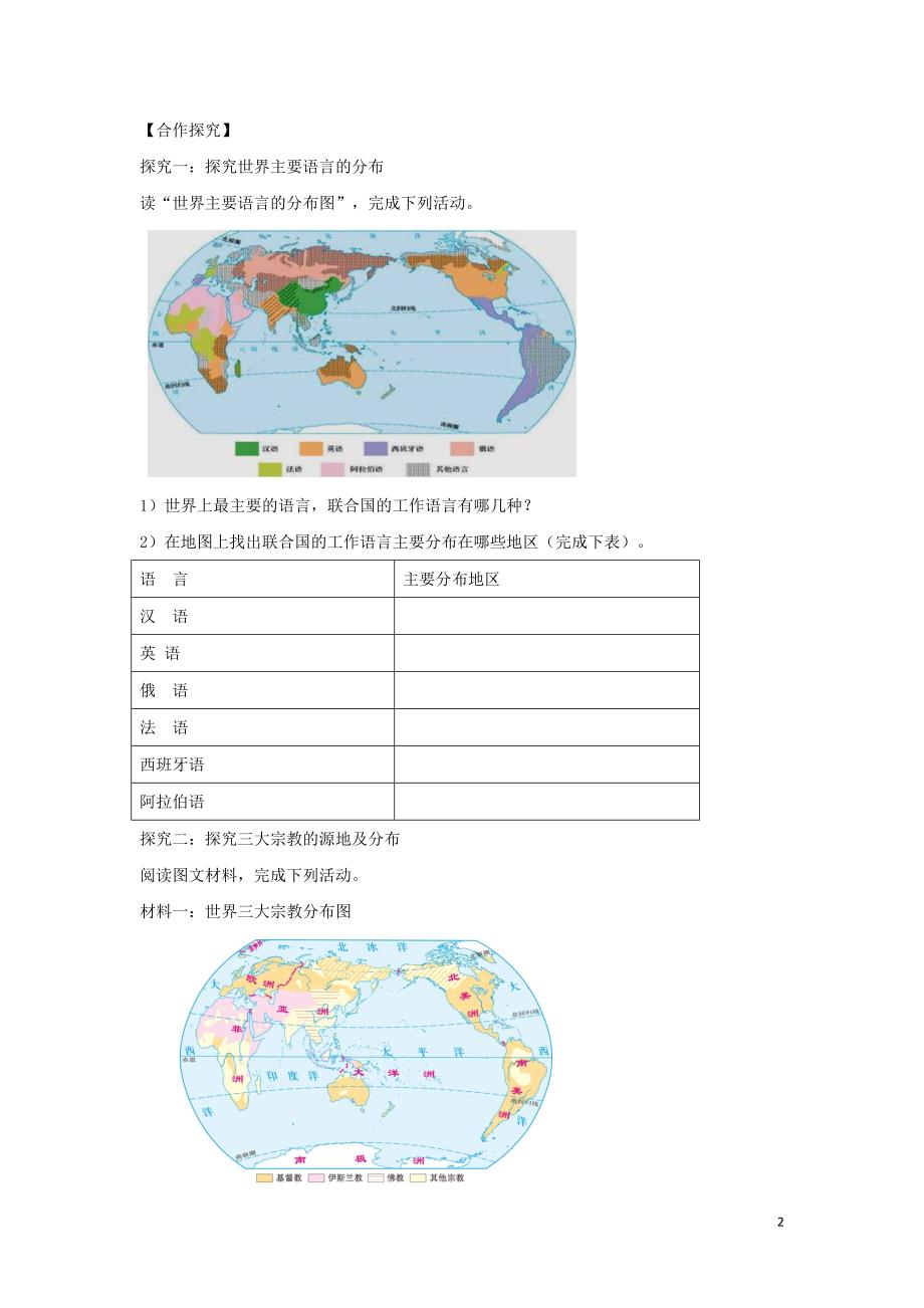 河南省七年级地理上册 4.2世界的语言和宗教学案 （新版）新人教版_第2页