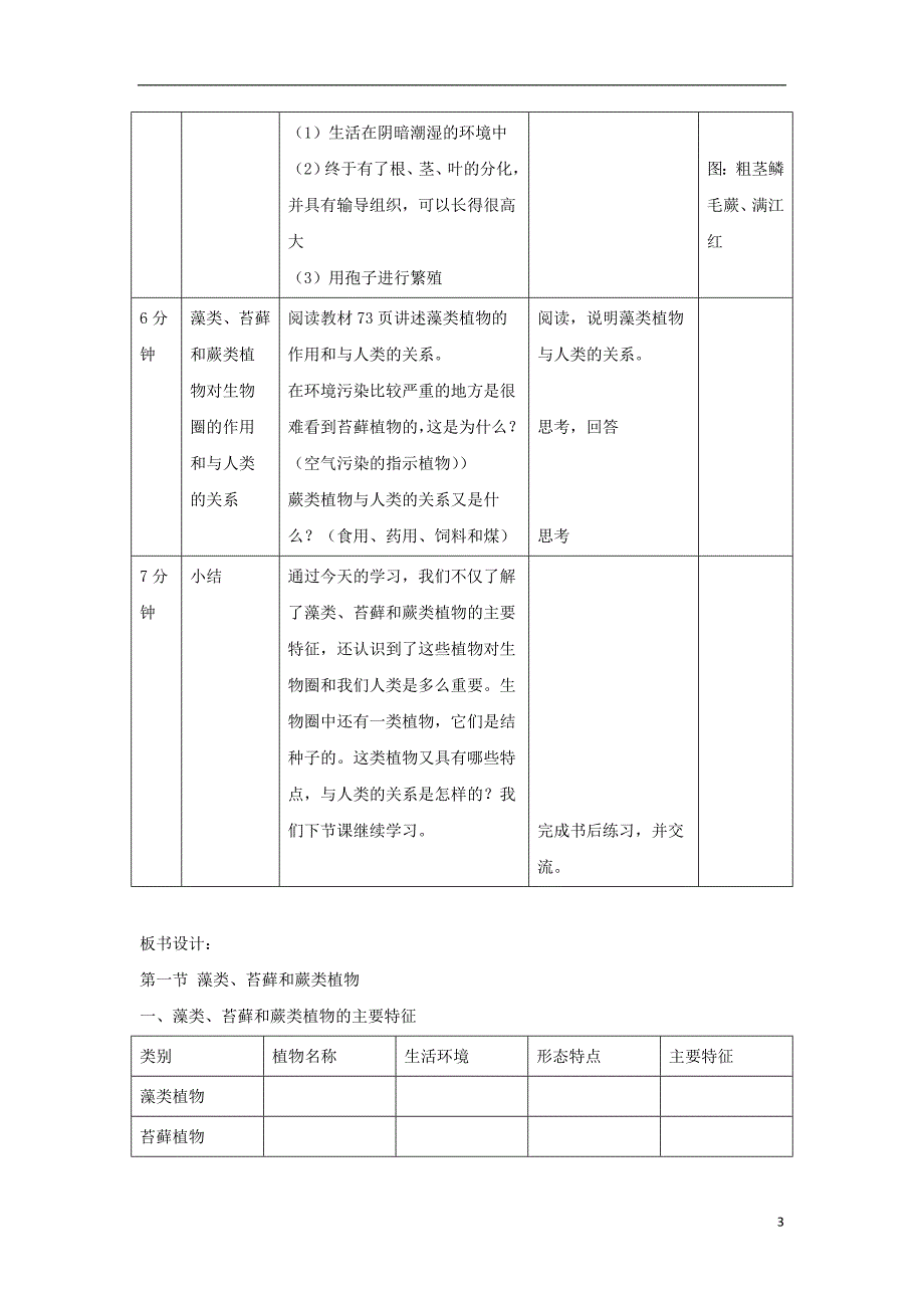 七年级生物上册 3.1.1《藻类、苔藓和蕨类植物》教案1 （新版）新人教版_第3页