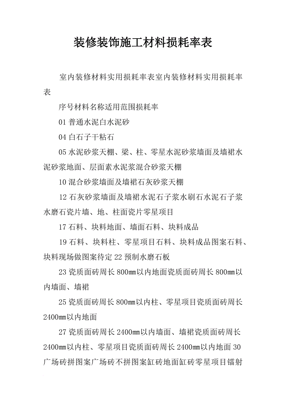 装修装饰施工材料损耗率表_第1页