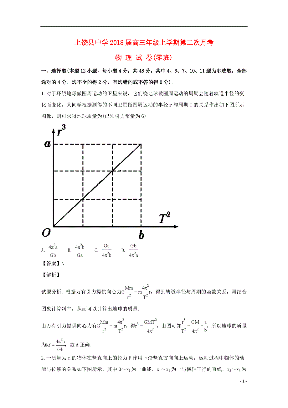 江西省上饶县中学2018届高三物理上学期第二次月考试题（零班，含解析）_第1页