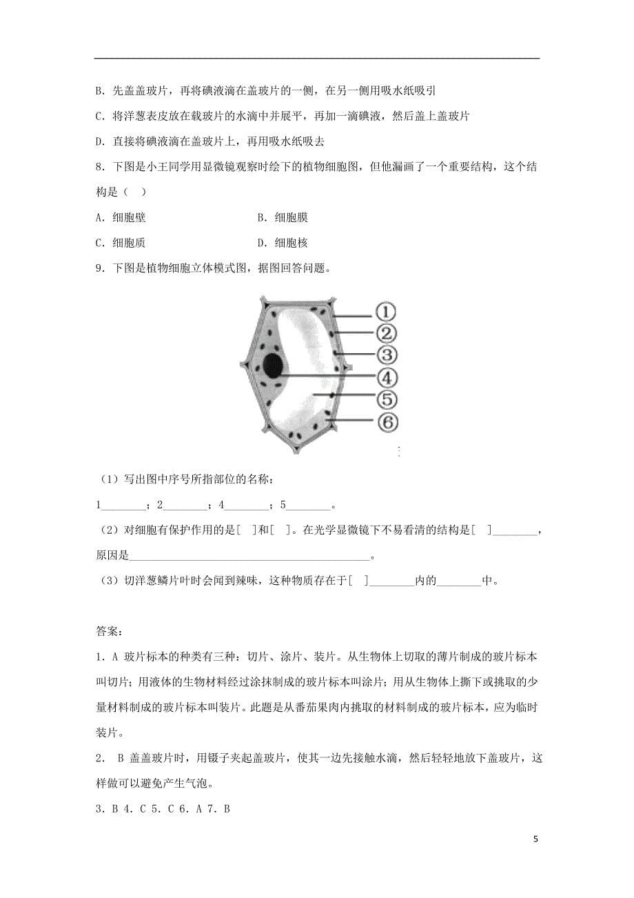 七年级生物上册 2.1.2《植物细胞》练习 （新版）新人教版_第5页