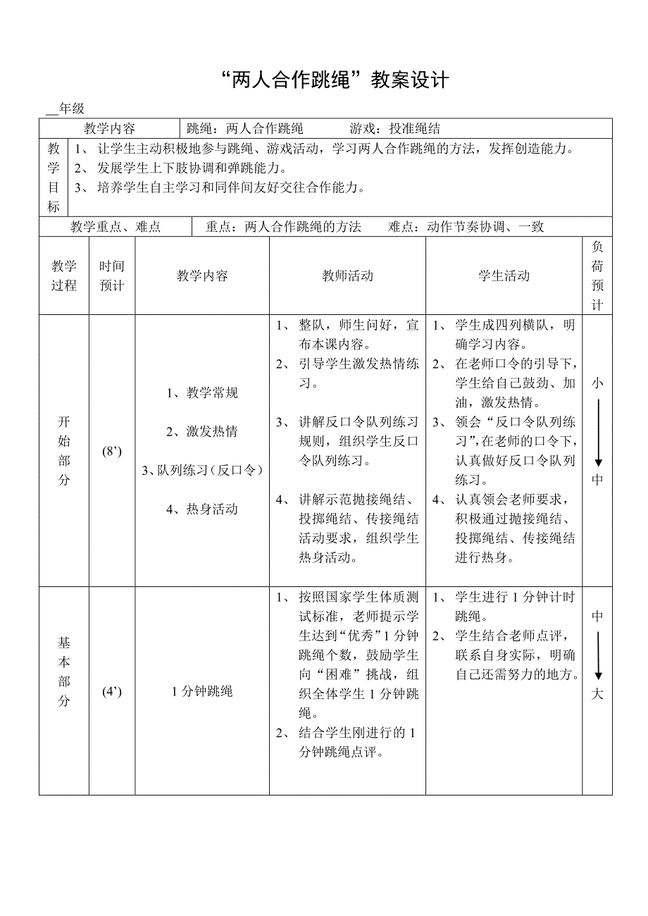 人教版小学体育水平二“两人合作跳绳”教案设计_第1页