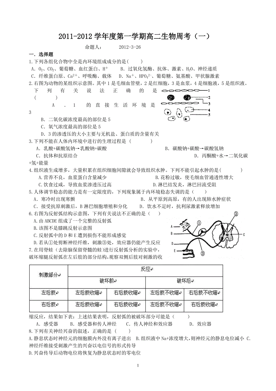 2011-2012学年度第一学期高二生物期末模拟_第1页