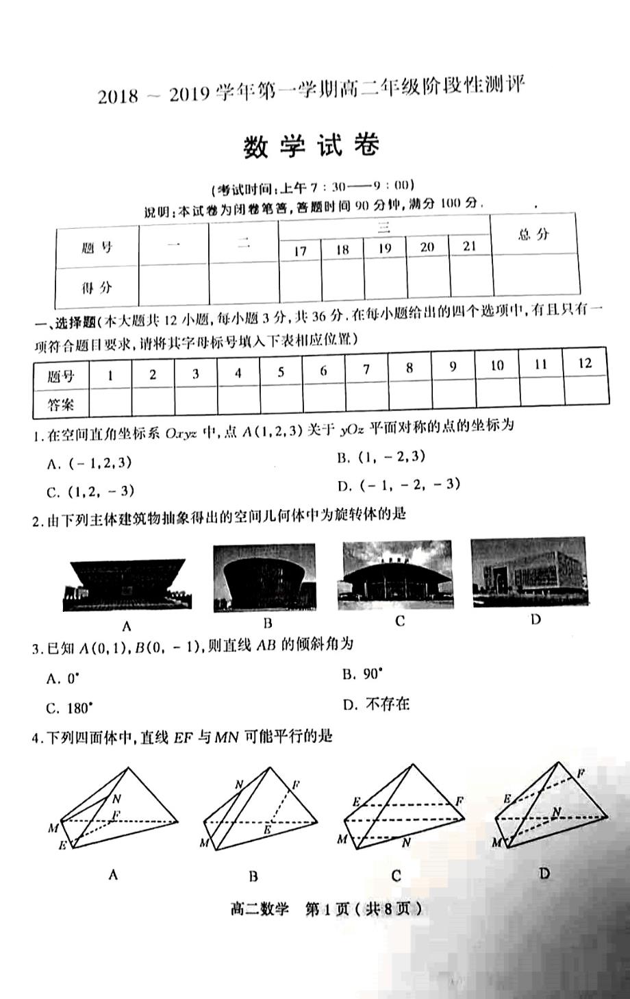 山西省太原市2018-2019学年高二上学期期中考试数学试题 pdf版含答案_第1页