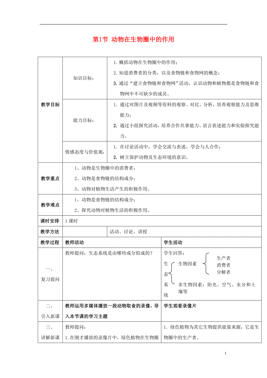 八年级生物上册 17.1《动物在生物圈中的作用》教案 （新版）北师大版_第1页