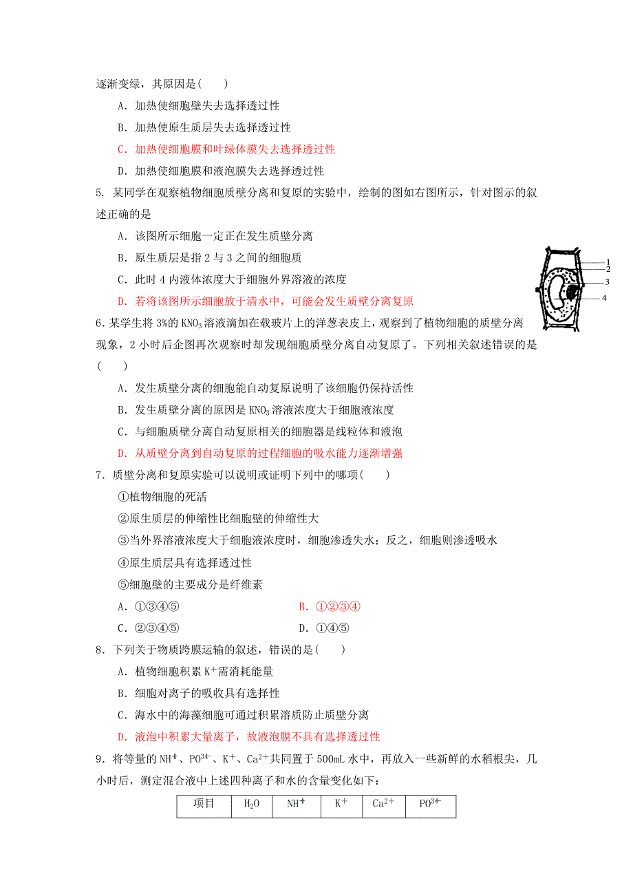 2013届高三生物一轮复习 课时训练 分子与细胞 4.1 物质跨膜运输的实例_第2页